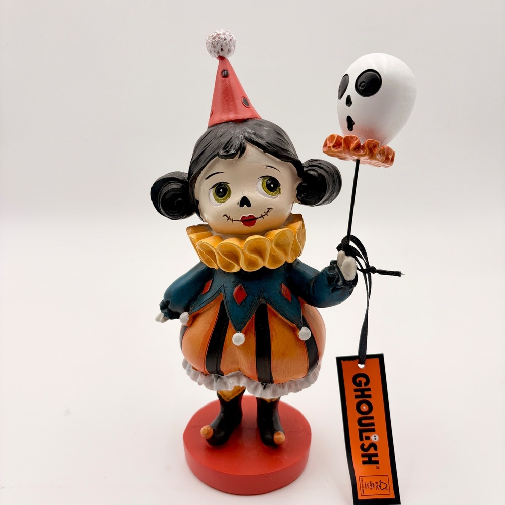 Ghoulish Vintage Style Halloween Clown Girl Resin Figurine with Skull Balloon